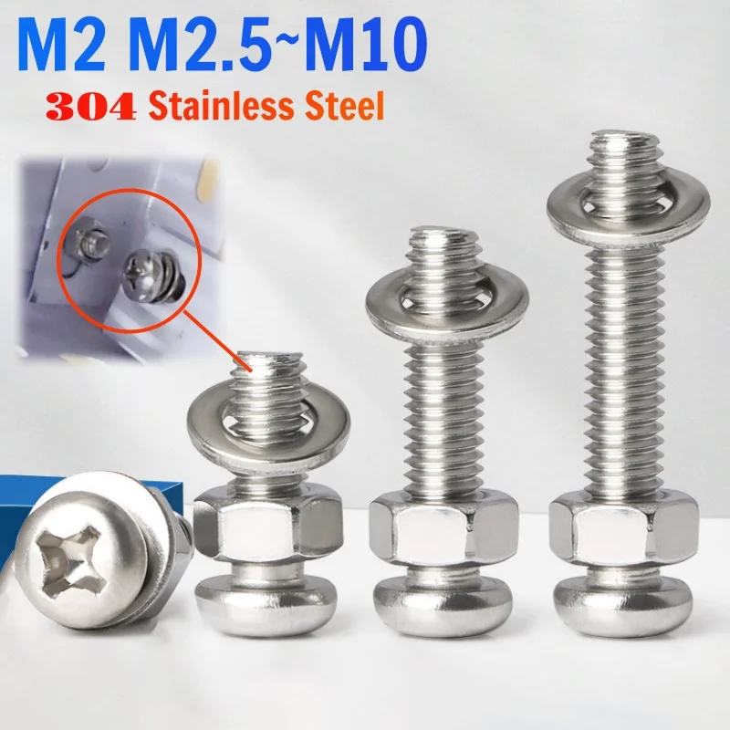 M2-M10 Phillips Pan Head Screw Three-Piece Combination 304 Stainless Steel Cross Round Head Screw Hex Nut Washer Bolt Set