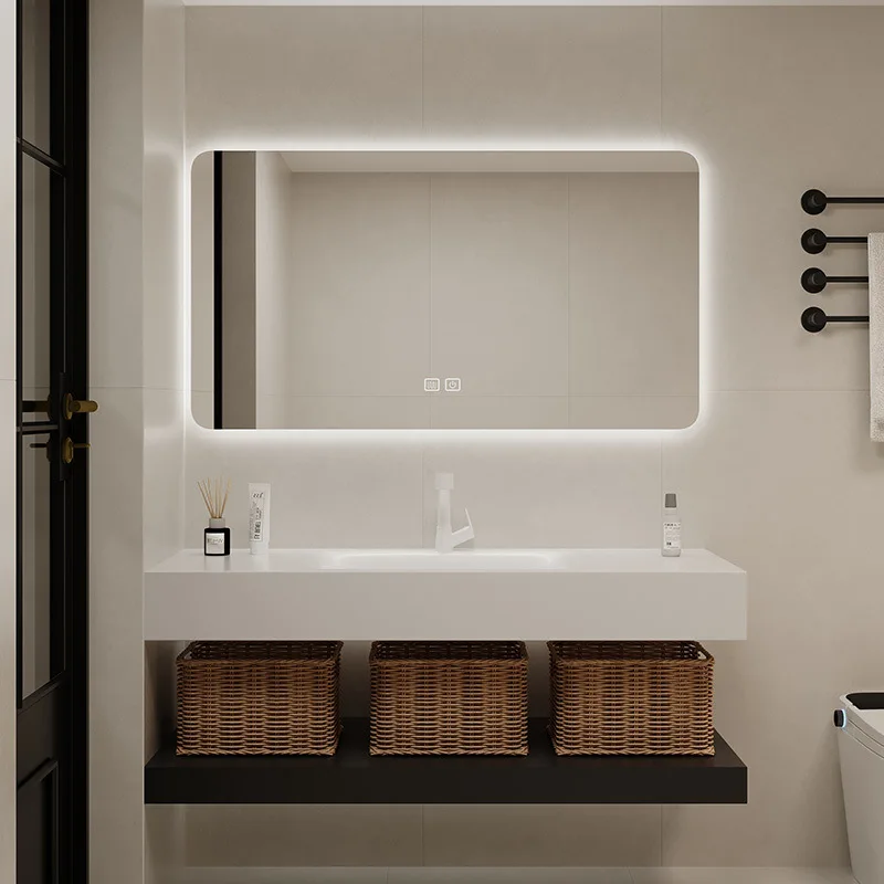 Double-layer Italian minimalist rock slab hot bending integrated basin bathroom cabinet