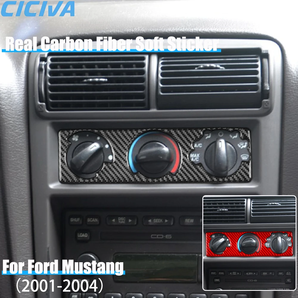 Real Carbon Fiber Car Accessories Center Console Climate Control Cover Soft Sticker For Ford Mustang 4th Gen 2001 2002 2003 2004