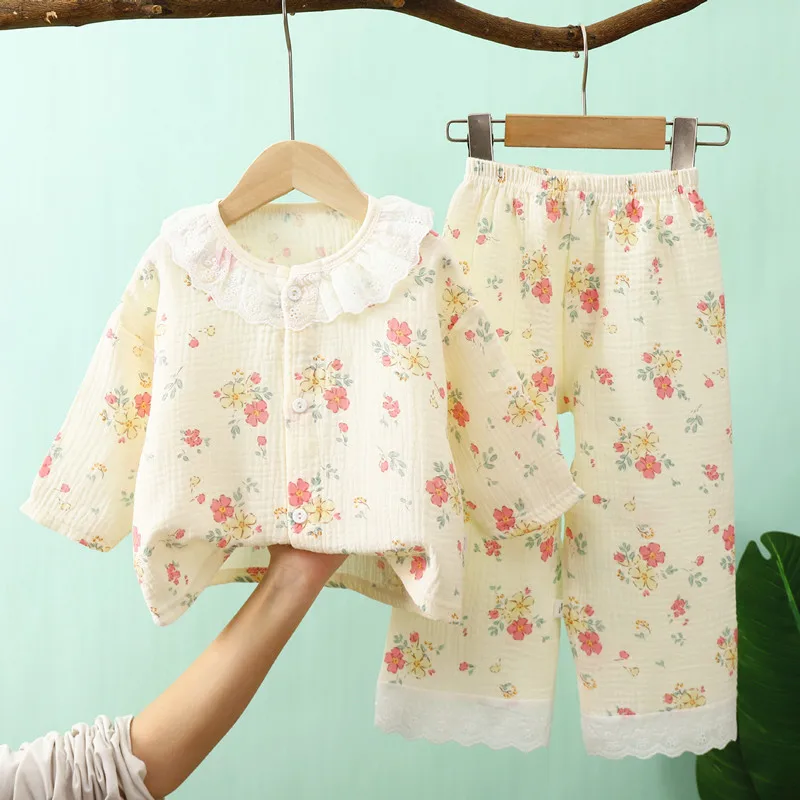 Girls pyjamas Clothes Children\'s Muslin Cotton Homewear Set Baby Lace Outfit Suit Shirt Tops+Pants 2PC 0-10 Years