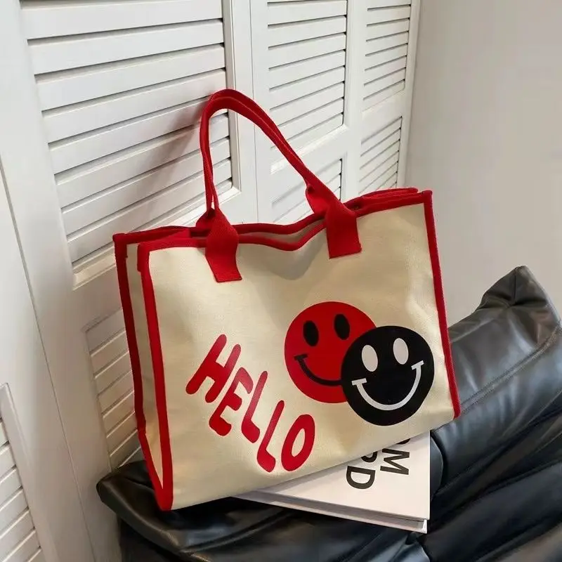 Cartoon Printed Canvas Bag for Women, 2024 New High-capacity Single Shoulder Commuting Tote, Class Tutoring Handbag