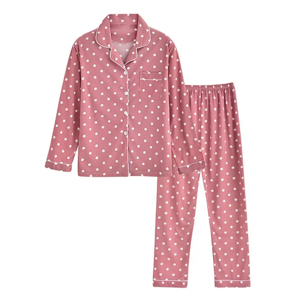 Loose Loungewear Dot Print Pajamas Set with Cardigan Shirt Wide Leg Trousers V Neck Collar Sleepwear Suit for Women