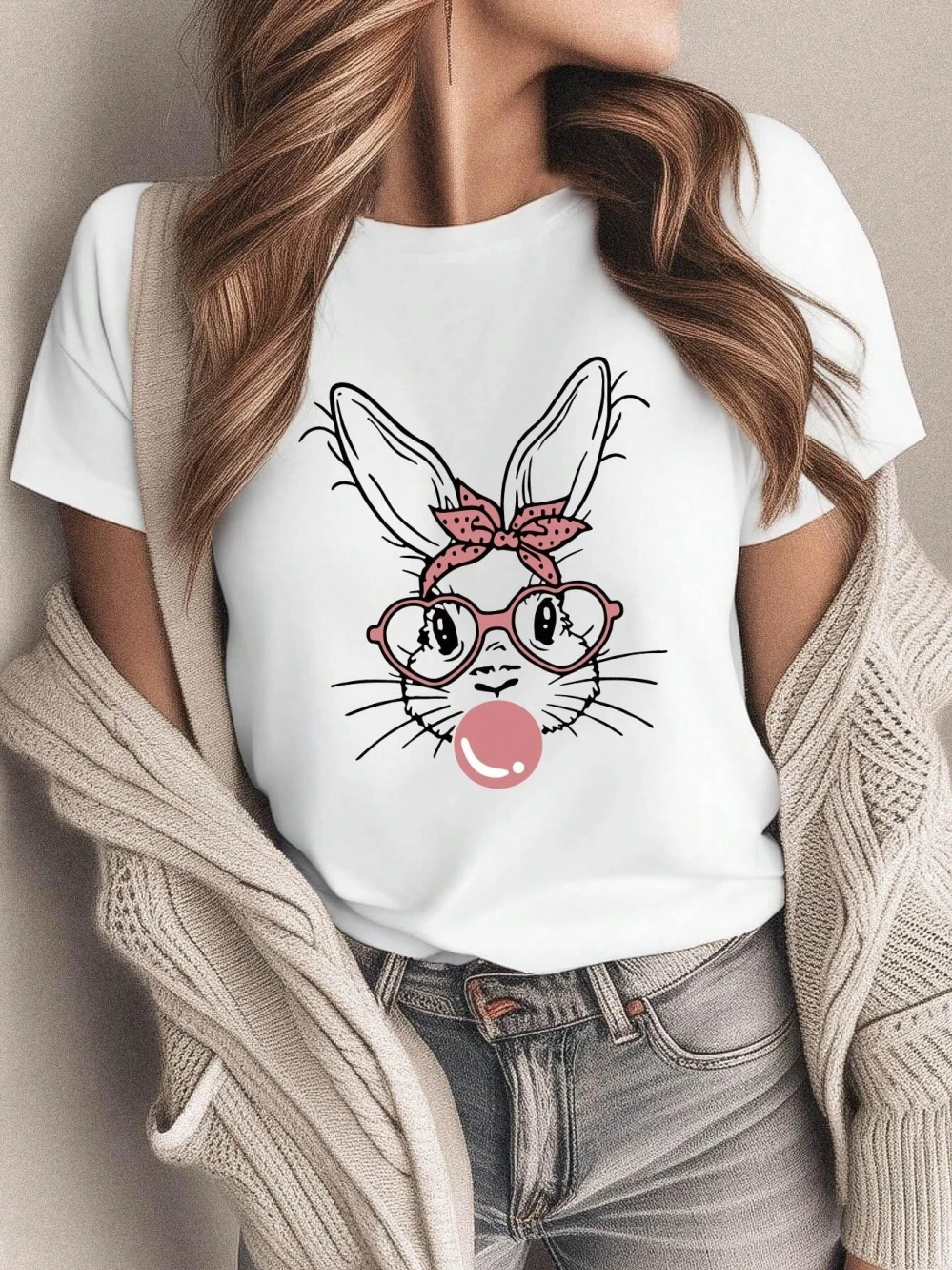 Fashion Pink Rabbit Blowing Bubble Women T Shirt Cotton Casual Short Sleeve Oversized Soft Top Street Oversize Tshirt Female