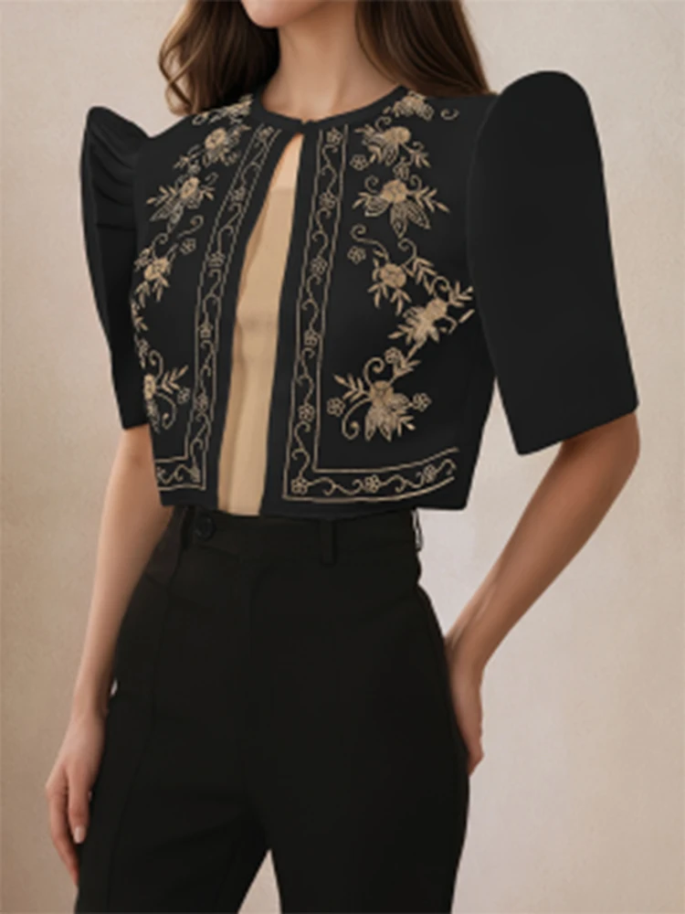 

New Summer High End Casual Jacket Women Small Fragrance Puff Short Sleeve O-neck Elegant Short Tops Korean Fashion Outwears