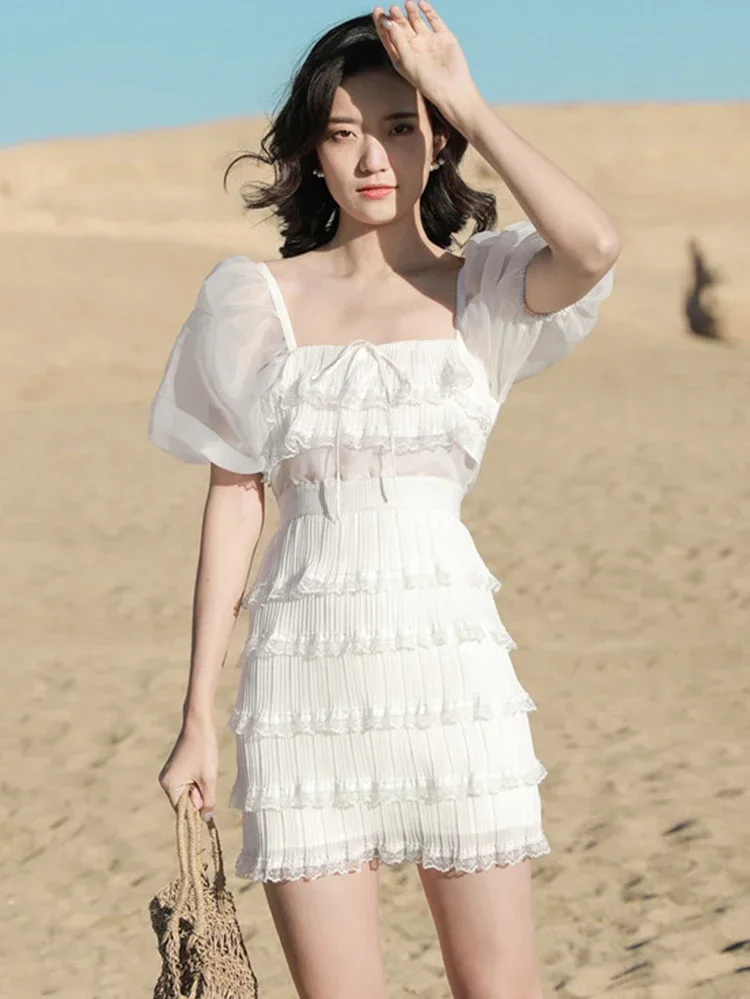 Gypsylady renda malha chique mini vestido branco sem costas laço verão vestido feminino em camadas férias sexy festa senhoras vestido