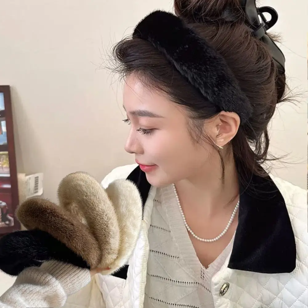 Inverno nuove fasce di peluche spesse fascia per capelli larga pelosa per donna elegante cerchio per capelli in pelliccia di visone accessori per