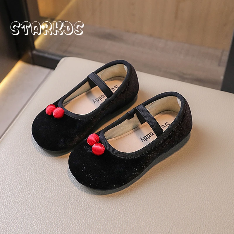 Cute Cherry Ornament Velvet Shoes Baby Girls Vintage Grey Velour Ballet Flats Child Round Toe Elastic Band Ballerina Zapatos