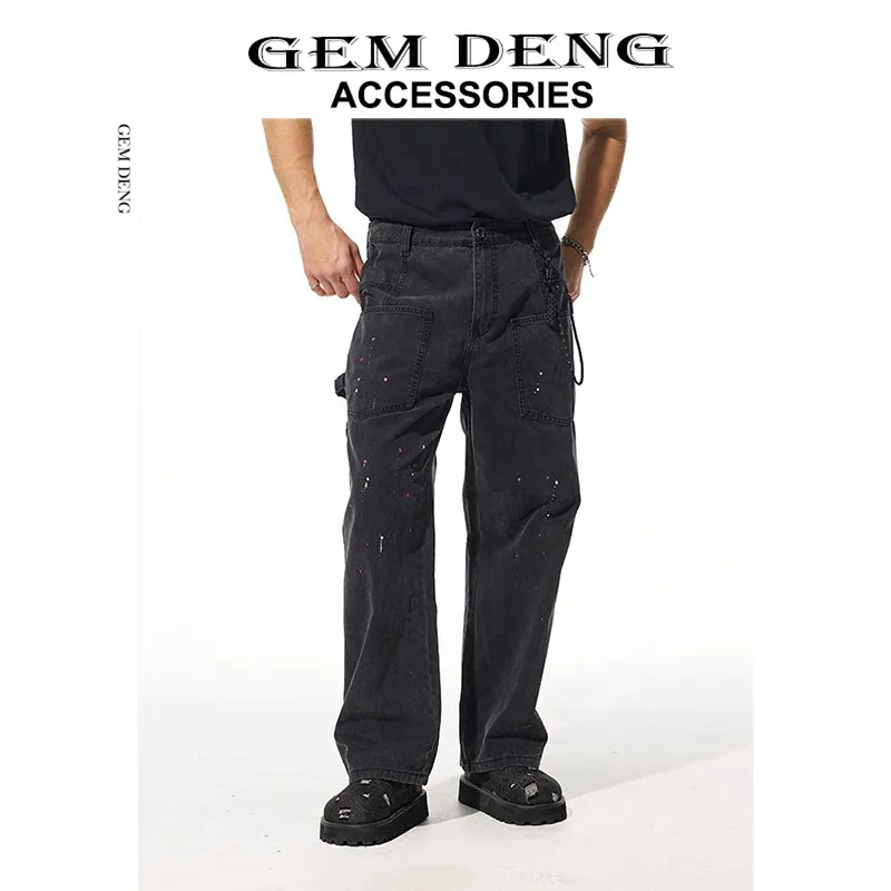 

Мужские широкие прямые джинсы в американском ретро-дизайне, джинсовая уличная рабочая одежда, свободные брюки, молодежная мода