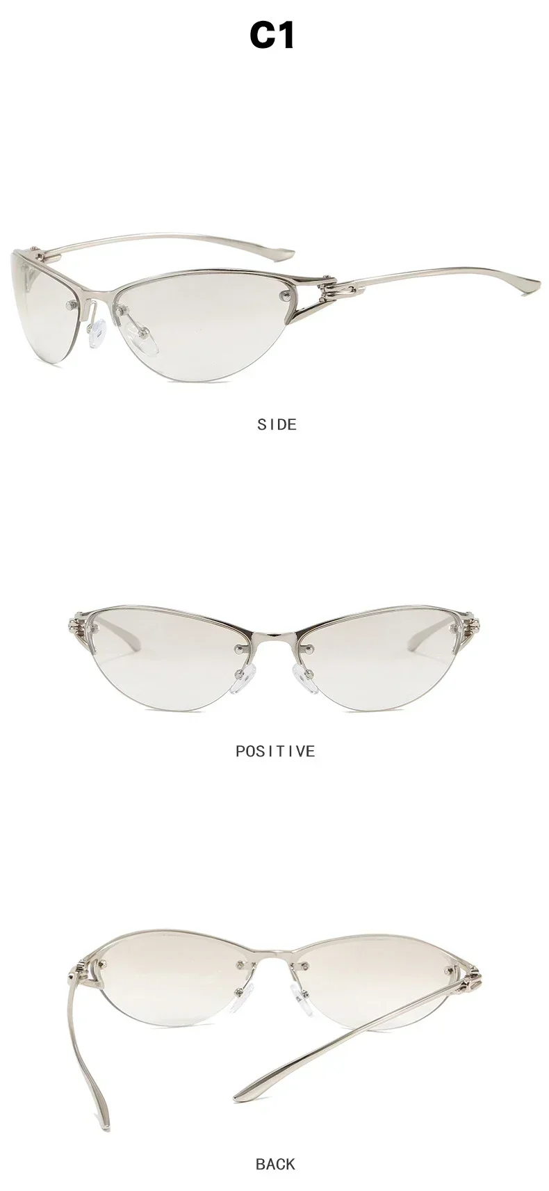 Neue silberne Y2K Metall-Cat-Eye-Sonnenbrille für Damen, modische Halbrahmen-Sonnenbrille mit klaren, getönten Gläsern, UV400, trendige Sonnenbrille für Herren, UV400 – Detail 6