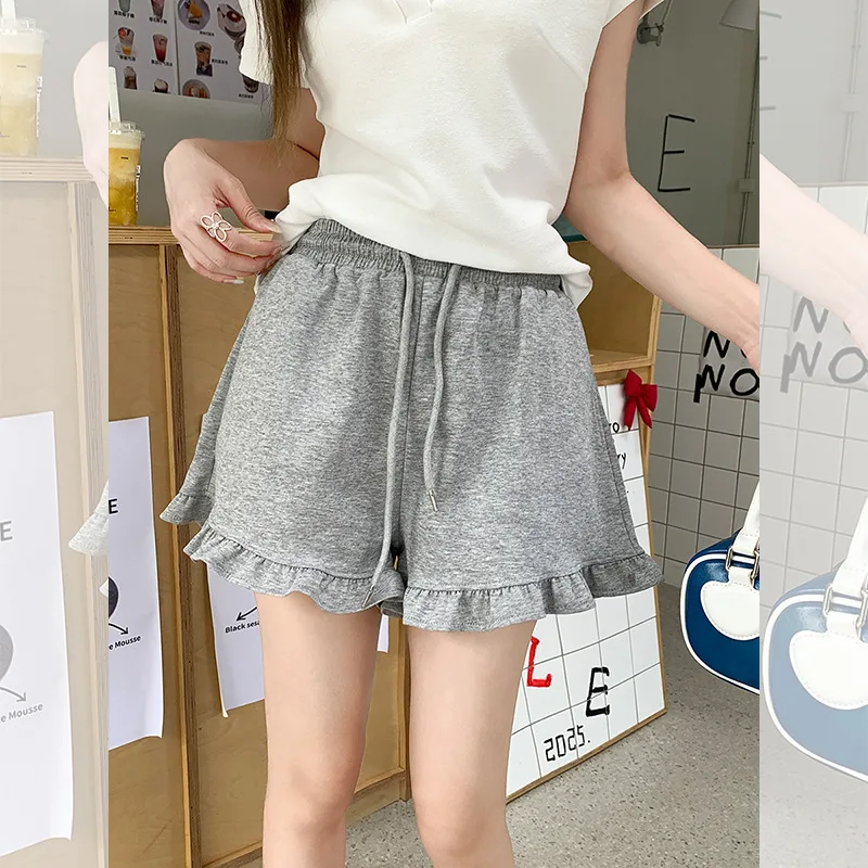 Süße Freizeithose mit Rüschensaum für Damen, Sommerkleidung, elastische Taille, Krawatte, schlankmachende, atemberaubende Shorts