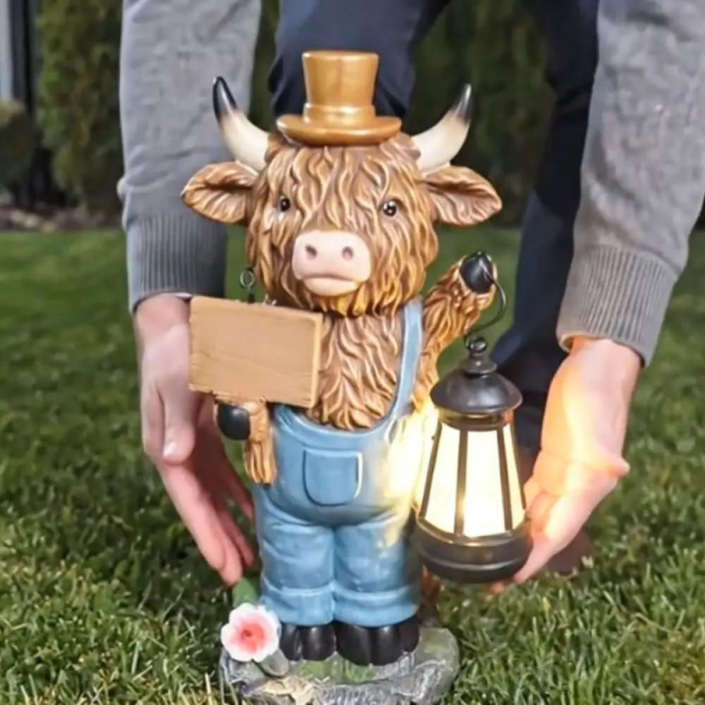 Highland Cow Solar Lantern Ornament Garden Statue Welcome Sign Outdoor Yard Decor Lawn Modern Animal Sculpture
