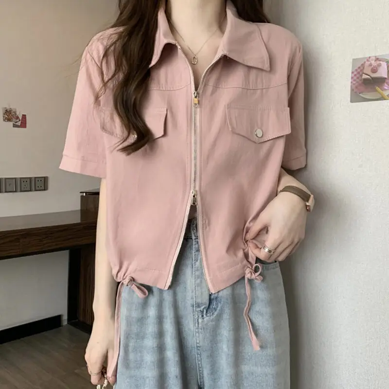 Ropa de talla grande para mujer, camisa de atuendo versión coreana, chaqueta de verano, parte inferior suelta y delgada, Tops cortos informales, Z1936