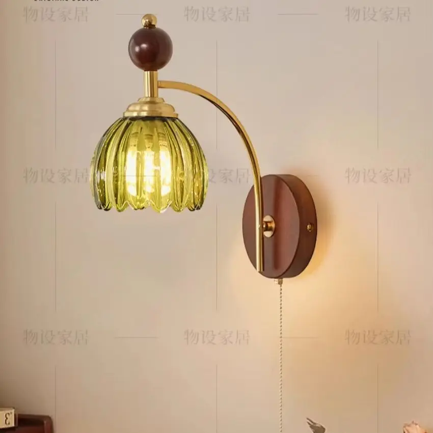 French bud glass wall lamps American retro bedside lamp bedroom living room corridor walnut colour lampshade wall sconces light