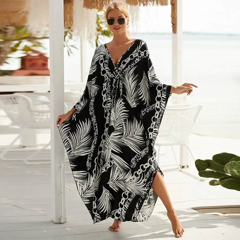 

2024 Summer European American New Women Print Blouse Seaside Holiday Dress Loose Blouse Bikini Swimsuit Gown Outerwear Black 6