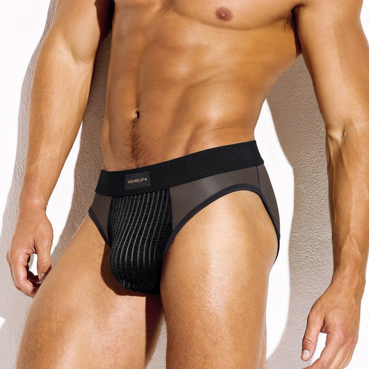 Men's Low‑Rise Briefs, Vertical Striped Satin Pouch with Sheer Mesh Sides, Stretch Nylon Elastane Underwear