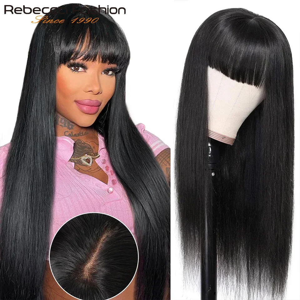 3X1 Middle Part Lace Wig Bone Straight Human Hair Wig With Bangs Brazilian Hair 180 Density 100% Human Hair Wigs For Women