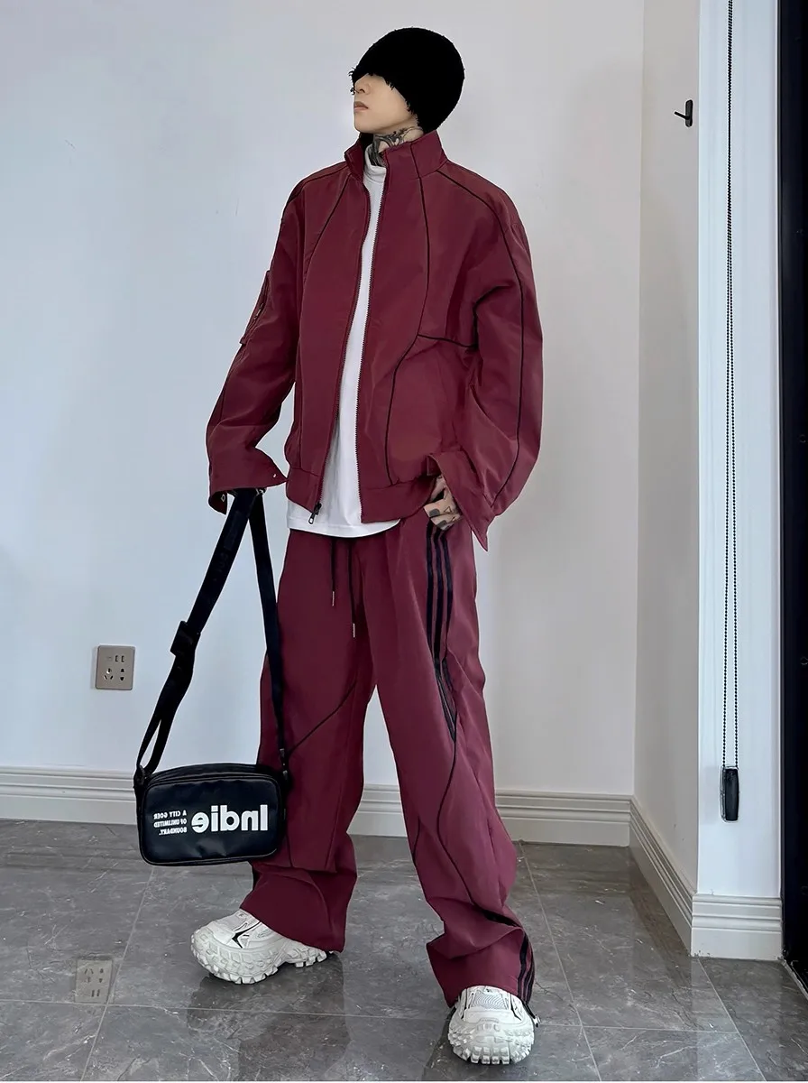Water-Resistant Casual Sportswear Set for Men with Stand Collar Jaet And Straight Leg Pants Two-Piece Suit for Teenagers