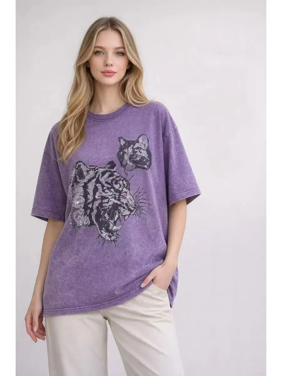 Heavy Industry Hot Drilling Tiger Head Pattern Washed Grey Purple Tshirt Women Short Sleeve Gothic Men American Street Style