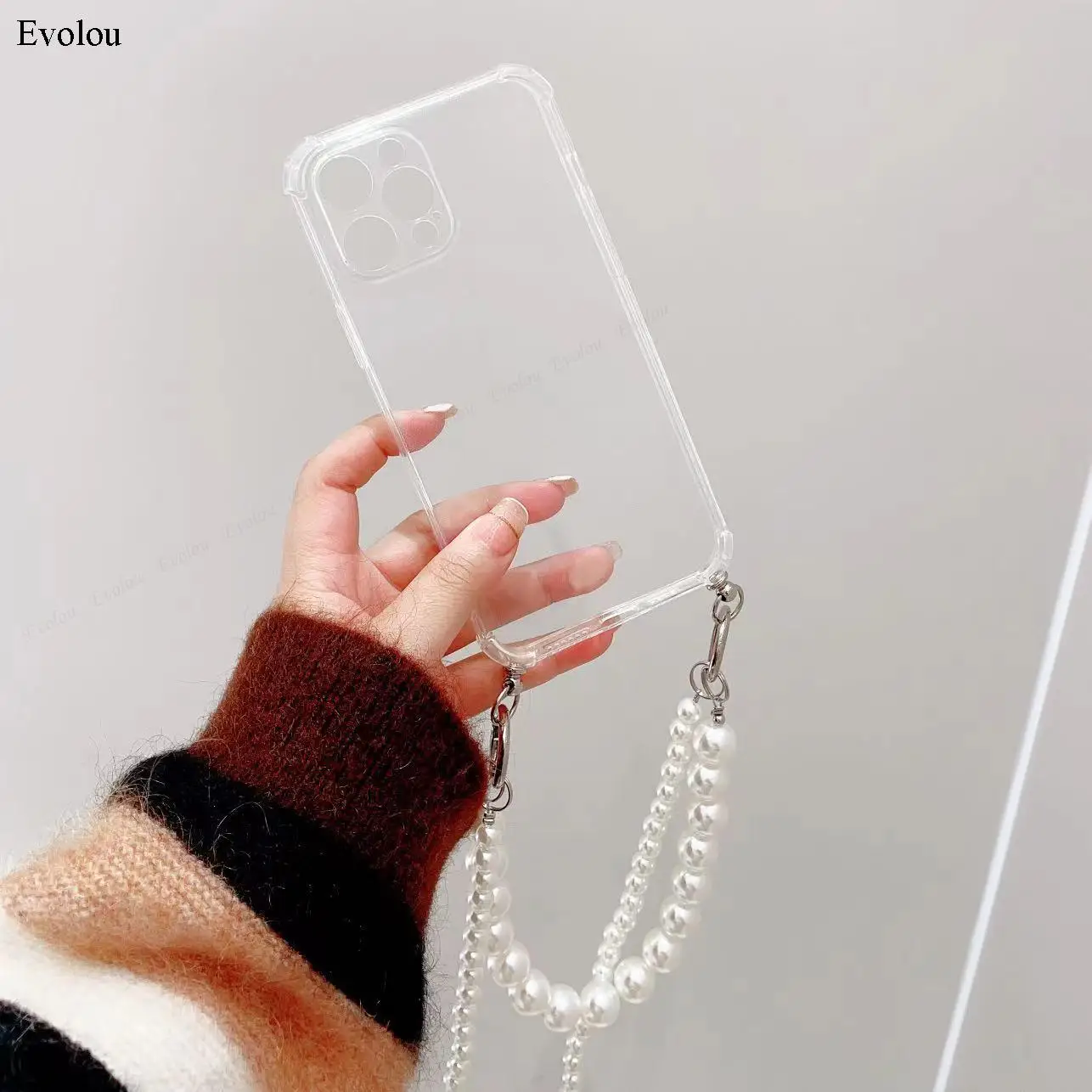 Per P60 Pro P60 Art Pearl Chain Crossbody Lanyard custodia per telefono per Huawei P50 Pro P40 Lite P30 P20 Cover posteriore in TPU trasparente