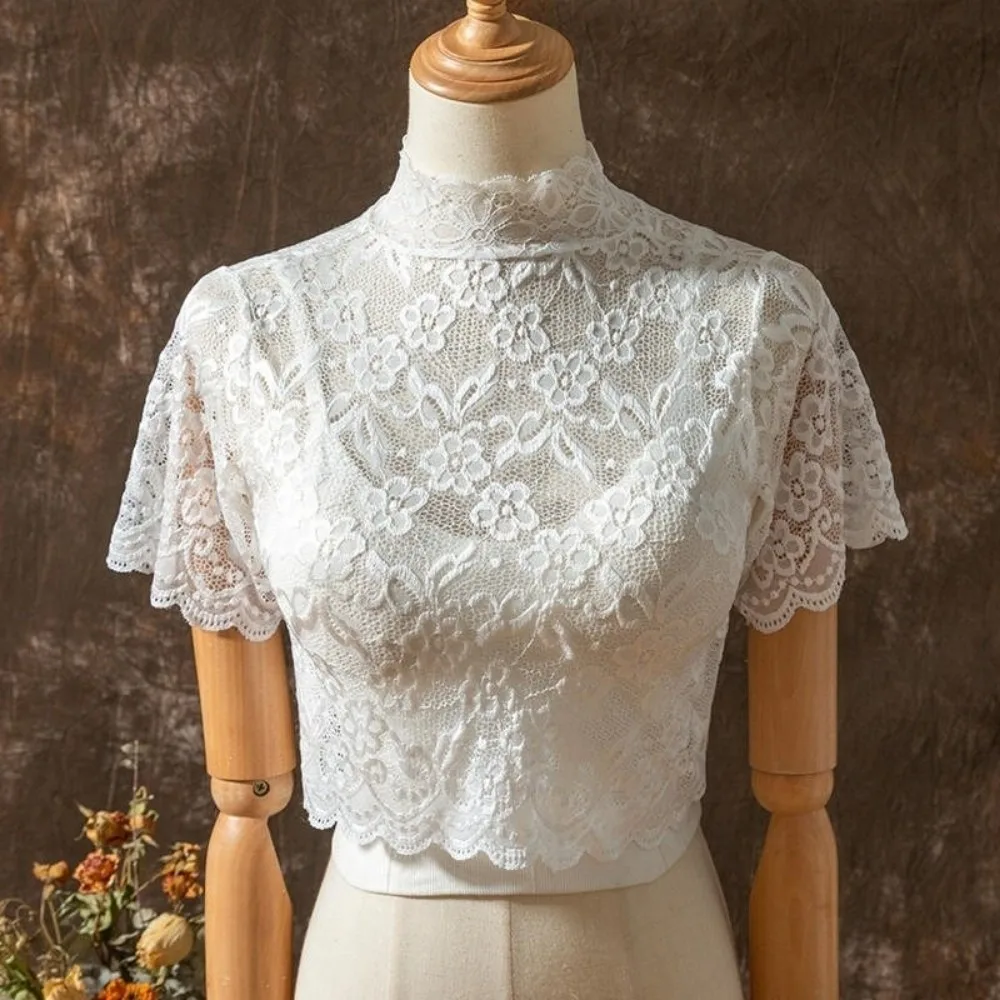Fashion Floral Women Turtleneck Lace Pullover Lining Short Sleeve Half Blouse Shirt Dickey Crop Top