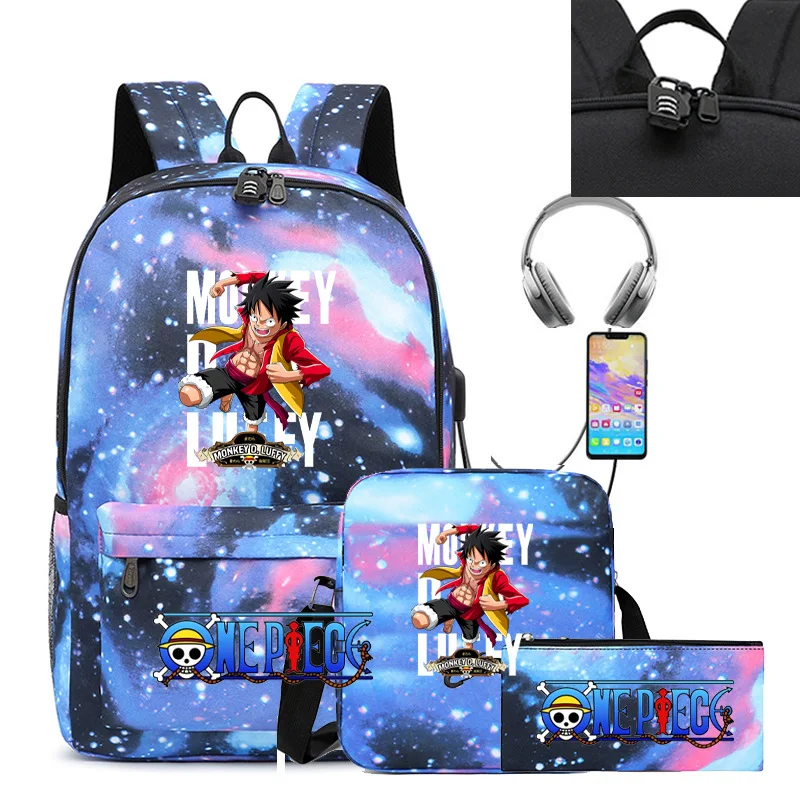 3PC-SET One Piece Luffy Schoolbag Recharged Backpack Student One Piece Backpack Boys Girls Anime Cartoon School Bag Mochila