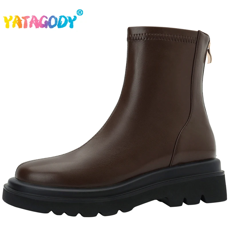 

YATAGODY Size 33-43 Ankle Boots Women Winter 2023 Chunky Heels Shoes For Women Elastic Leather Platform Boots Casual Booties