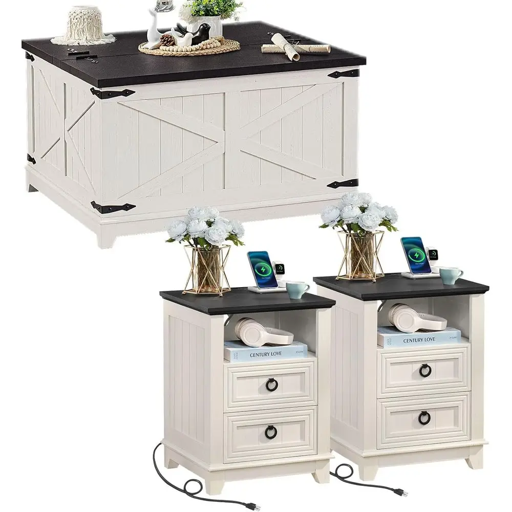 

3-Piece Rustic Coffee Table Set with Charging & Storage, Ideal for Living Room or Office