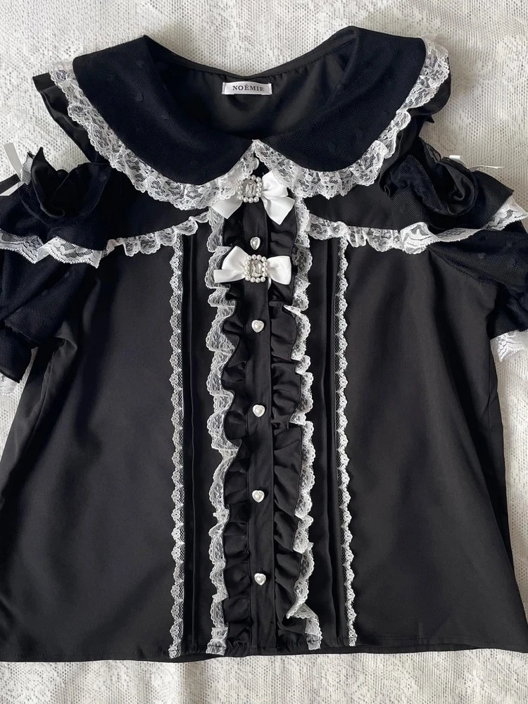 Short-sleeved New Sweet Girls Versatile Top Japanese Mine Series Mass-produced Lace Splicing Off-shoulder Doll Collar Shirt