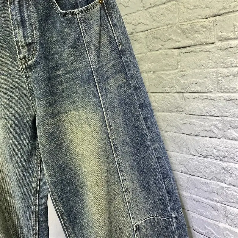 Damen-Jeans mit lockerem, weitem Bein, hohe Taille, Patchwork, lässig, Herbst 2022, Vintage-Stil, schlankmachende, konische Hose, Freizeithose