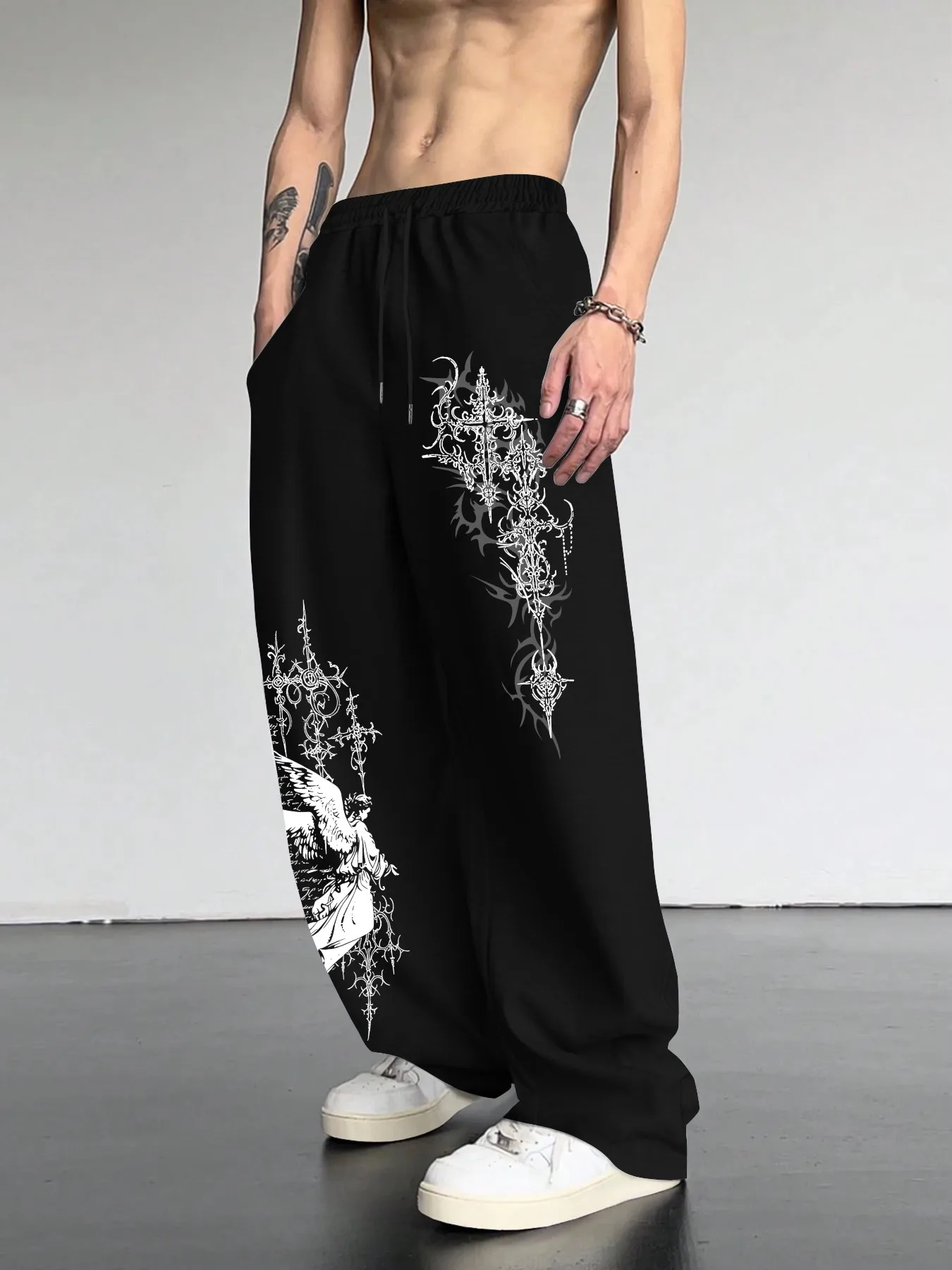 Men Cross Angel Print Straight Sweatpants Elastic Drawstring Waist Loose Comfort Trousers Trend Streetwear Versatile Daily S-3XL