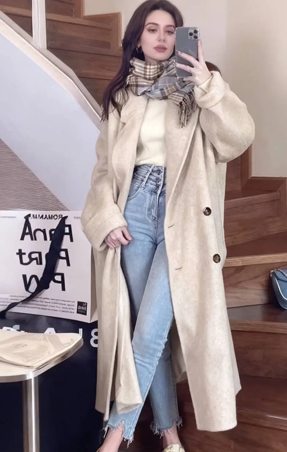 

Wool Blend Coats Womens Woolen Coat Print Autumn Velvet Double-Breasted Stand-Up Collar Elegant Mature French Style Office Lady