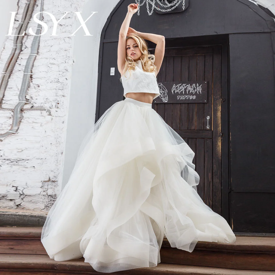 LSYX Customized Two Pieces Tiered Boat Neck Lace Wedding Dress For Women 2023 Appliques V-Neck Organza Sweep Train Bridal Gown