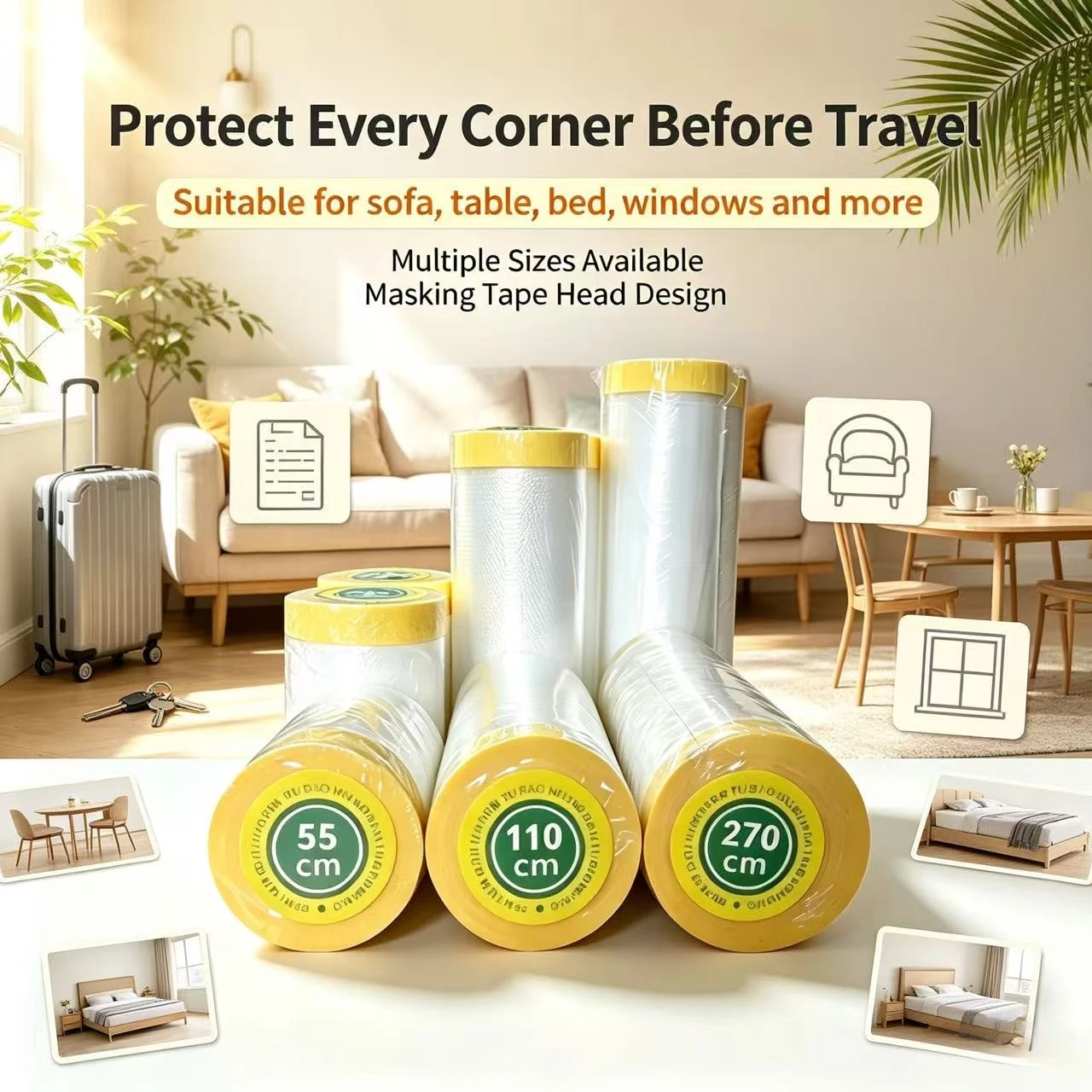 Pre-travel Furniture Dust Covering Masking Film with Tape, Self Adhesive Film for Sofa, Bed, Table, Keep Clean While your gap