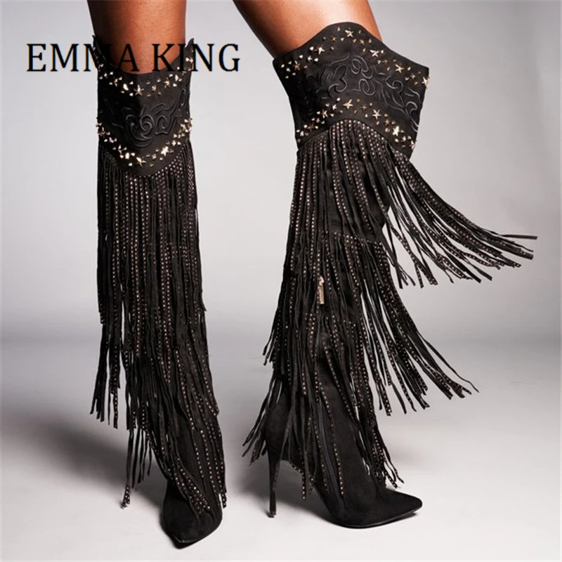 

Autumn Winter Women Boots Faux Suede Fringe Tassel Over-the knee Boot Pointy Toe Western Cowgirl Thigh High Boots For Women