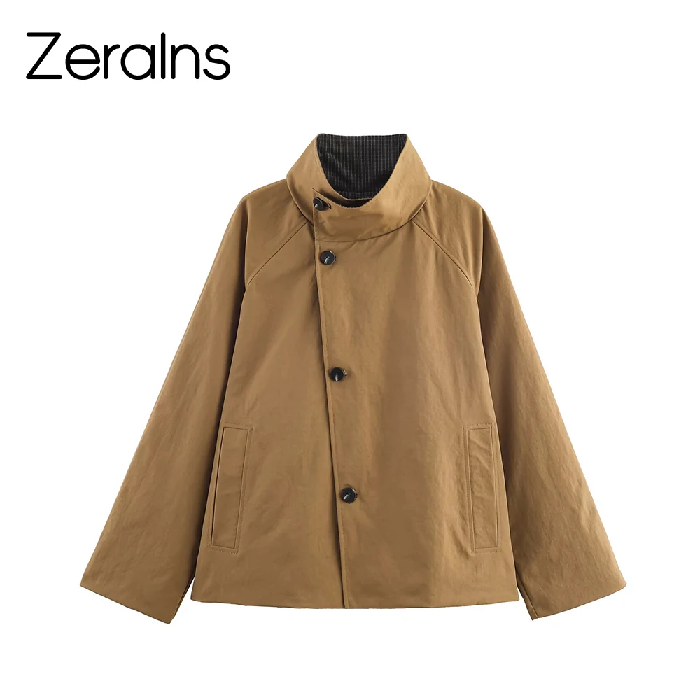 

ZERAINS Autumn new women's clothing single breasted high neck long sleeved short style double-sided windbreaker jacket