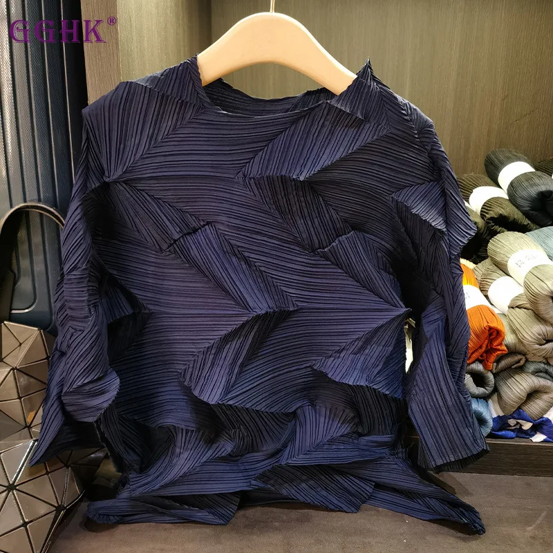 

GGHK Solid Color Diamond Ruffle Design Top Fashion Loose Seven-quarter Sleeve T-shirt 2024 Women Summer New