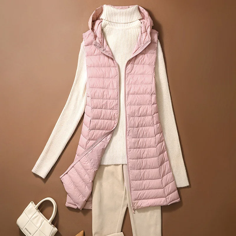 Ultra léger mince canard vers le bas gilet femmes hiver longues vestes à capuche mince gilet automne décontracté basique Parkas