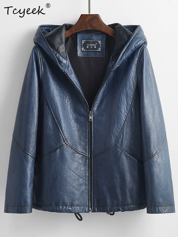 Tcyeek jaqueta de couro feminina de pele de carneiro genuína primavera outono mãe com capuz manga comprida jaqueta de couro curto chaqueta cuero mujer