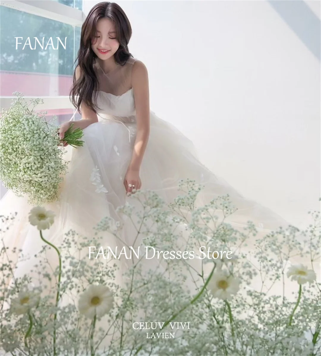 

FANAN Korea Sheer Neck Wedding Dresses 웨딩드레스 Ivory Sleeveless Beach Tulle Appliques Zipped Custom Made Bride Gowns Plus Size