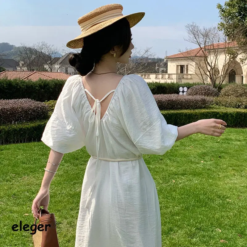 

Женское летнее пляжное платье для отпуска с пышными рукавами, корейское длинное богемное белое Элегантное повседневное нежное платье макси, новинка 2023