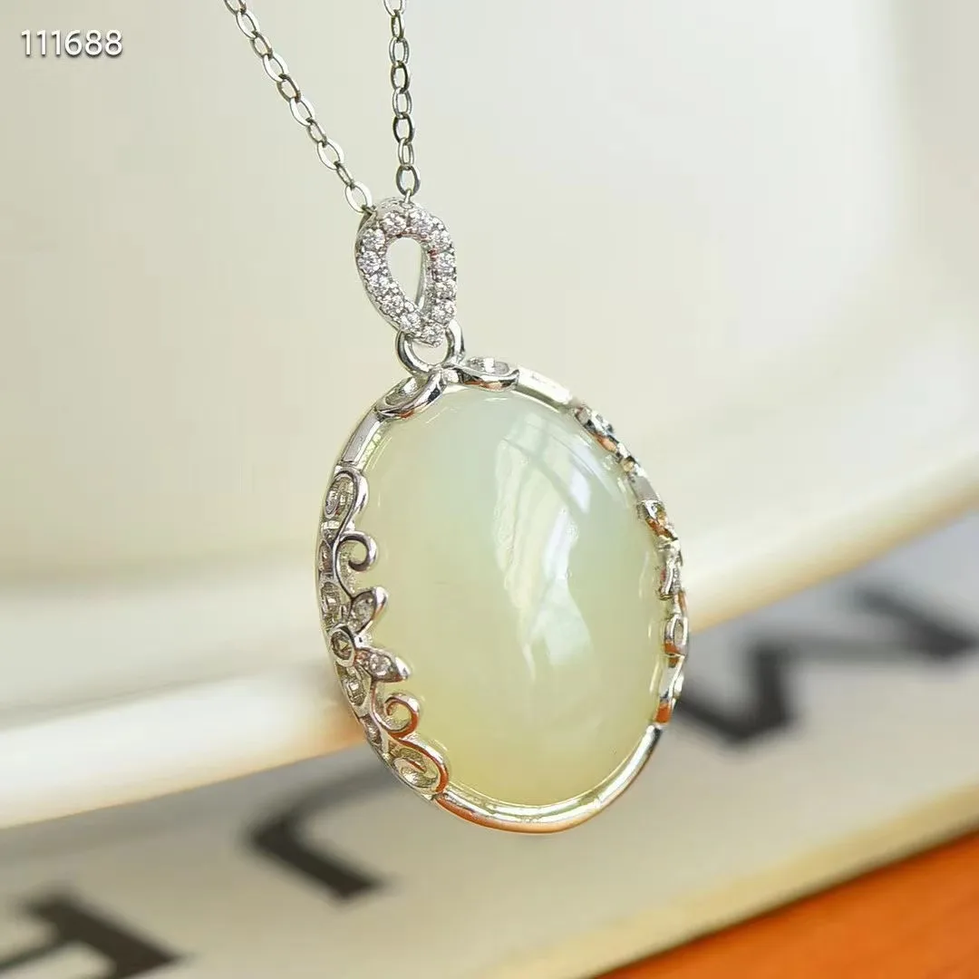 

Natural 100% real Sterling Silver necklace mosaic hetian jade time-honored methods pendant jewellery for woman gifts Bless peace