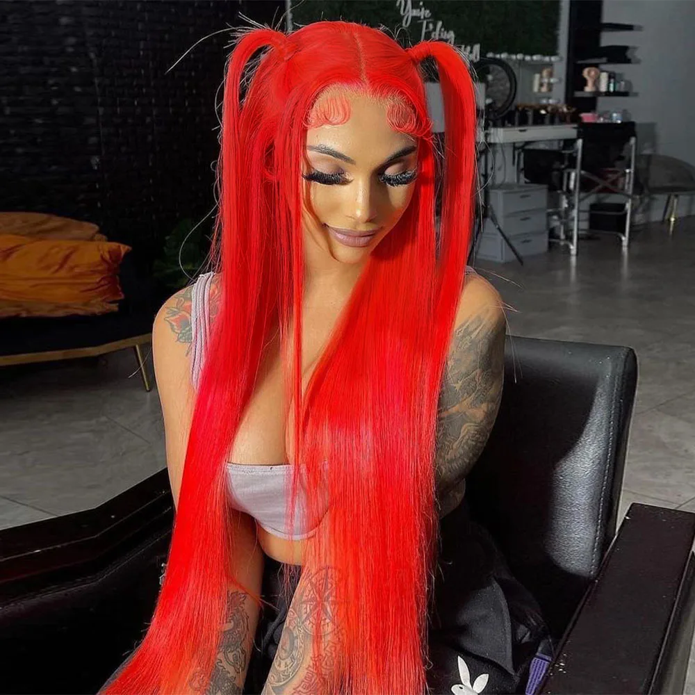 أحمر برتقالي 13x6 الدانتيل الشفاف الجبهة خصلات الشعر المستعار الإنسان للنساء البرازيلي مستقيم الساخن الأحمر 13x4 الدانتيل الباروكات الأمامية قبل نتف