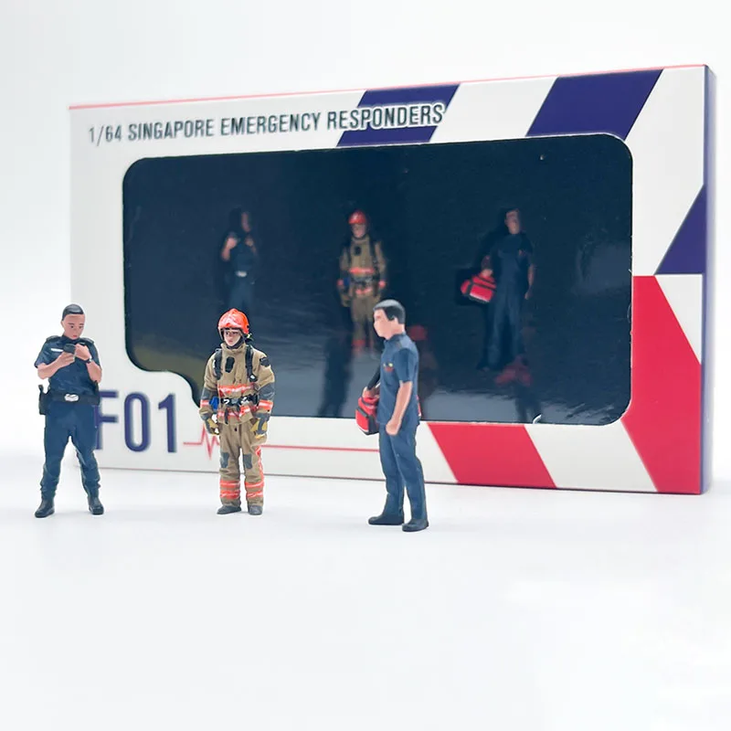 

Diecast Model Car Scene Ornament 1/64 Model Doll Firefighters Police Officers Collection Display Hobby Original Box