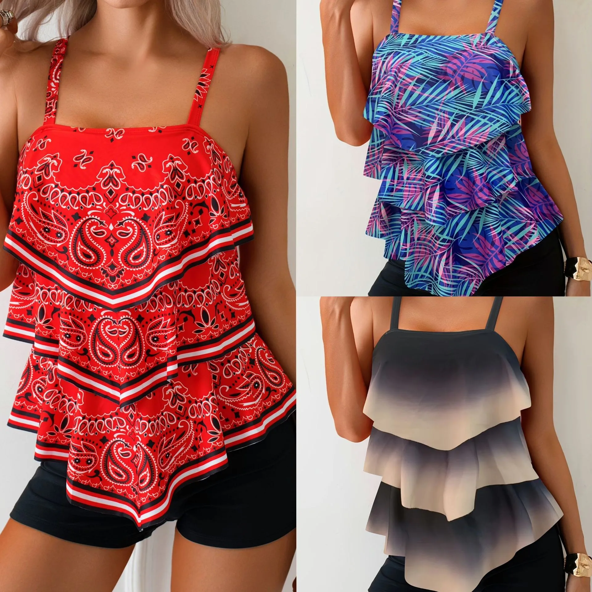 Y2k Tankini Tummy Control With Shorts Tankini Top Square Neckline Ruffle Trim Tankini Set High Waist Shorts Two Piece Swimsuit