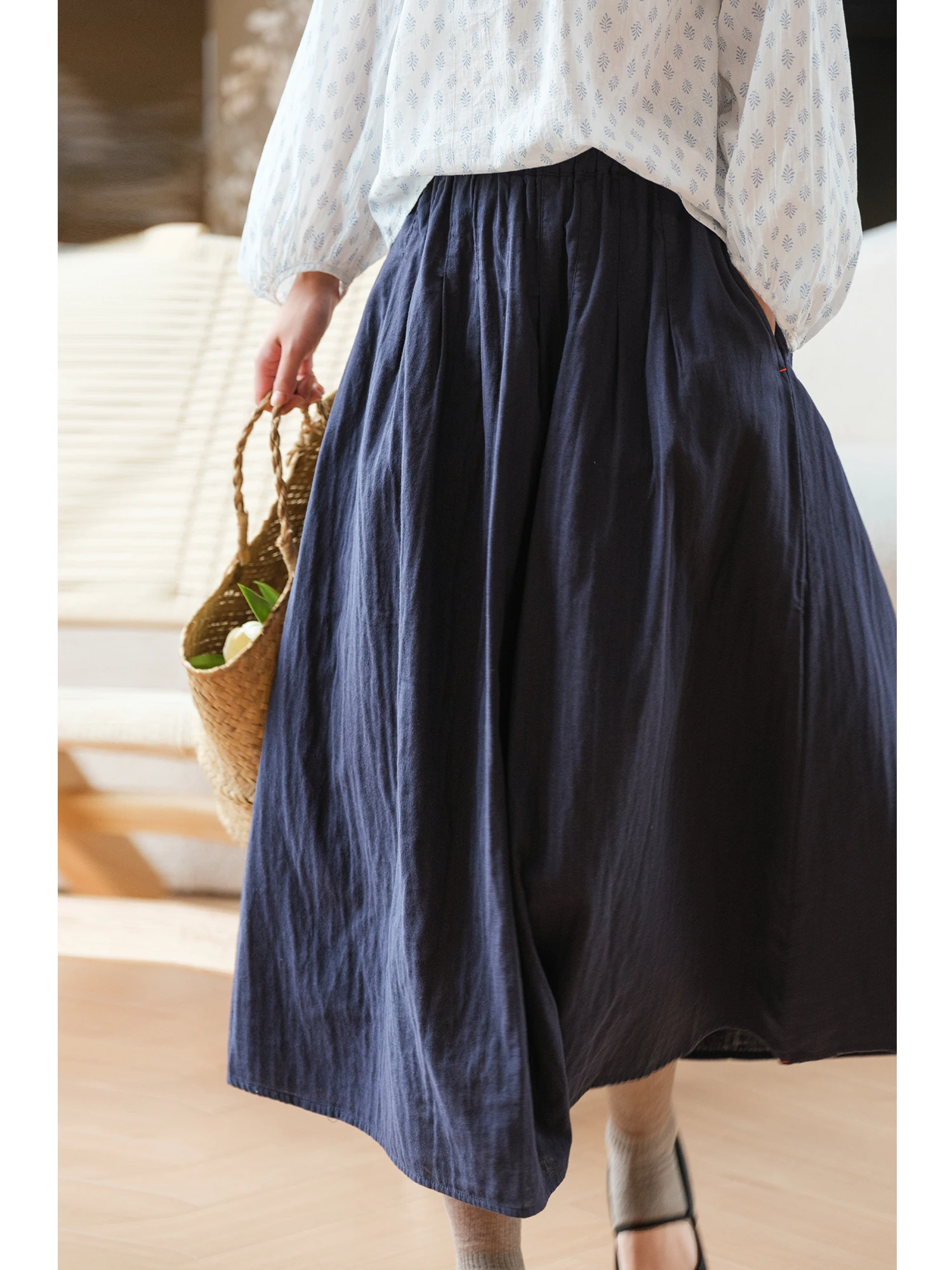Elastic Waist Cotton Embroidered Double Layered Gauze Skirt with Pockets by Little Ear 100% Cotton Fixed Hem Half Skirt