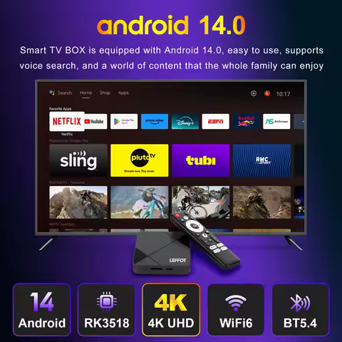 New Style Smart TV Box LEFFOT RK3518 BT5.4 Android 14.0 Wifi6 4K Google Voice Remote Control Assistant Media Player Set Top Box