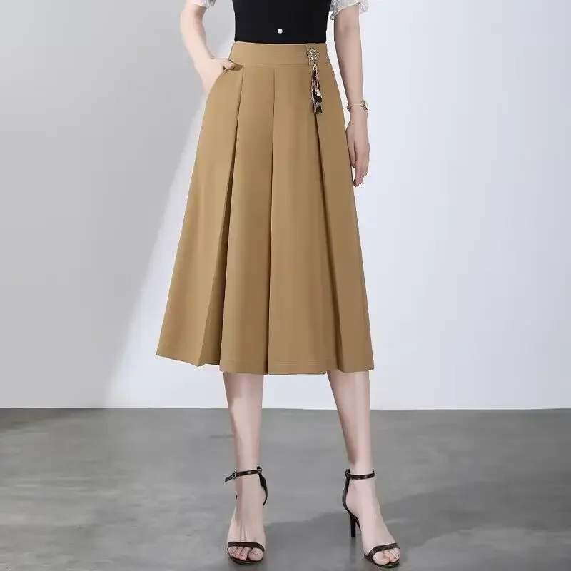 2023 New Summer Fashion Pleated Solid Color Elastic Waist Wide Leg Pants Ladies Simplicity Loose Calf-Length Pants Women Clothes