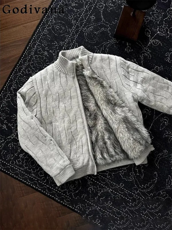 

Winter Fleece-Lined Thickened Stand Collar Zipper Knitted Cardigan Gray Versatile Loose Casual Sweater Cardigan for Men