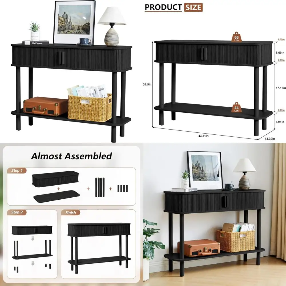 طاولة وحدة تحكم للمدخل الحديثة في منتصف القرن مع مساحة تخزين، تصميم مخدد، باب منزلق ورف مفتوح، مثالية لدعم ظهر الأريكة