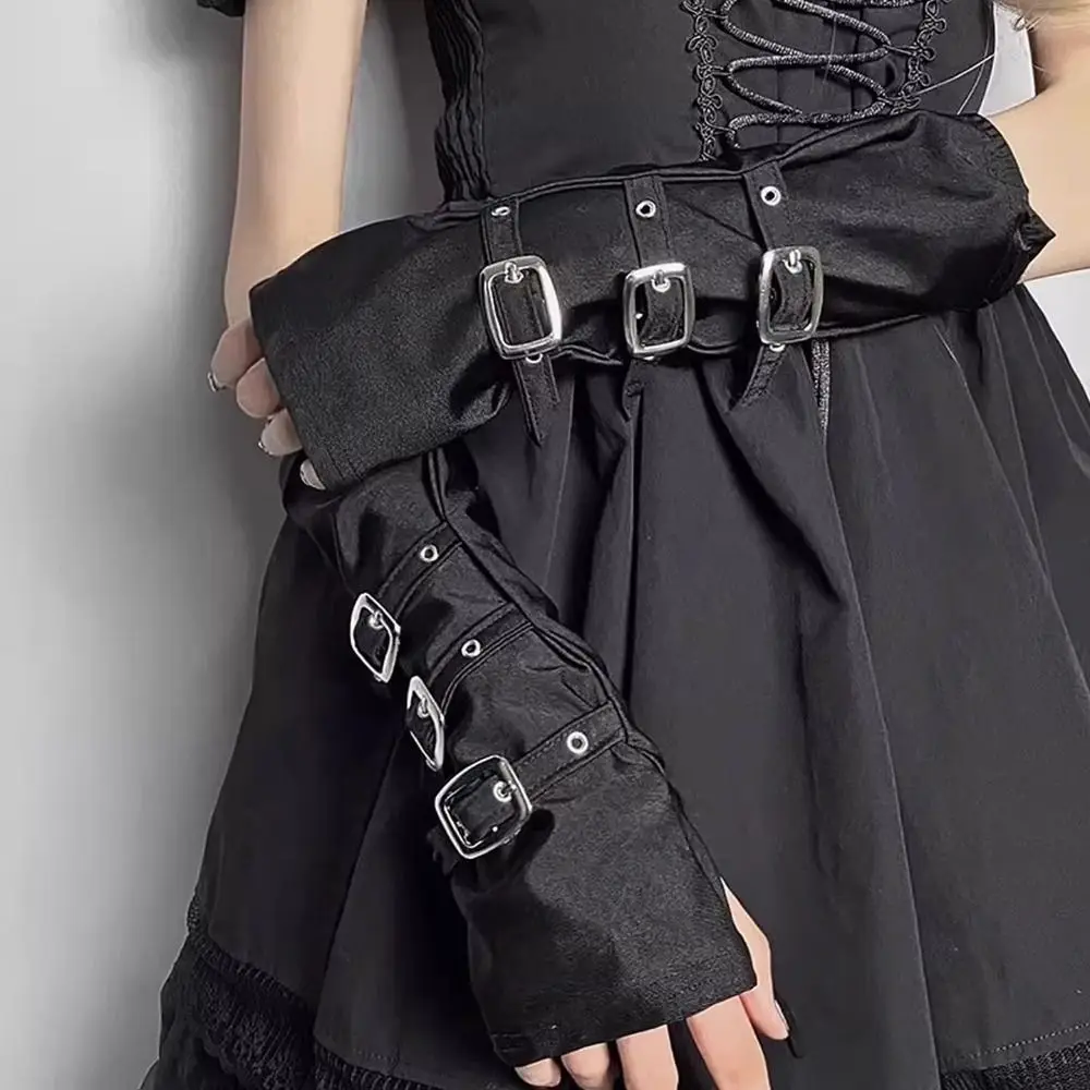 Black Fingerless Gloves Gothic Buckle Design Metal Button Gloves Exaggerated Hip Hop Party Punk Style Elbow Gloves